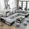 Oxtem U Shape 9 Seater Sectional Fabric Sofa Set With Tea Table & 4 Puffy 2 + 2 + 2 + 1 + 1 + 1 (Pre-Assembled)